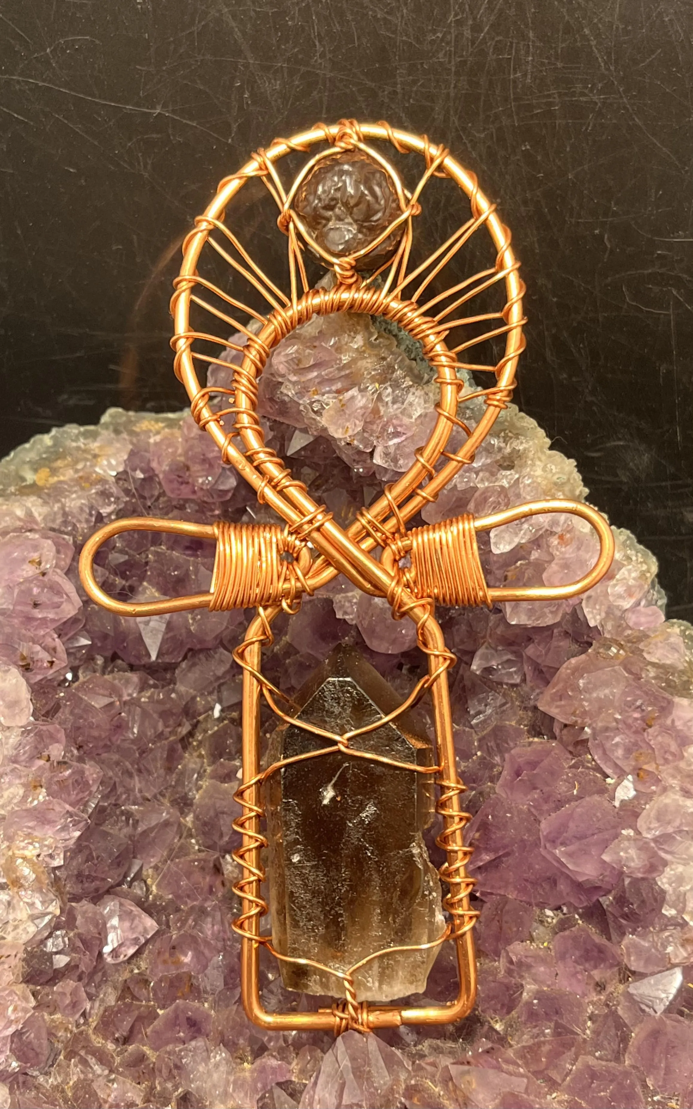 Smoky Quartz Tabby and Prophecy Stone Pocket Copper Ankh