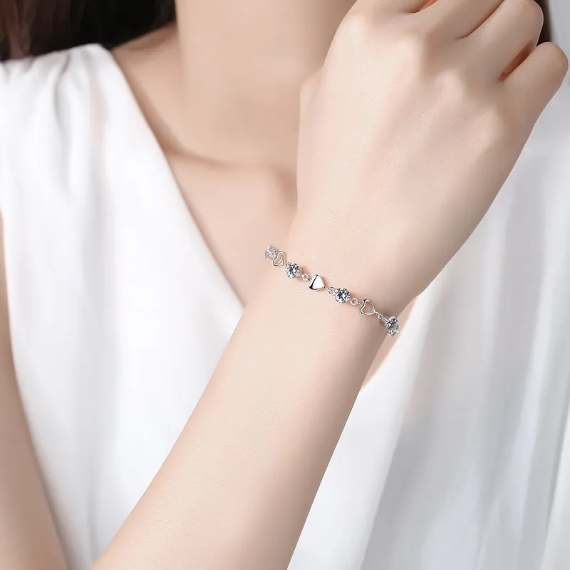 Smooth Heart with Round Zircon Silver Bracelet for Women