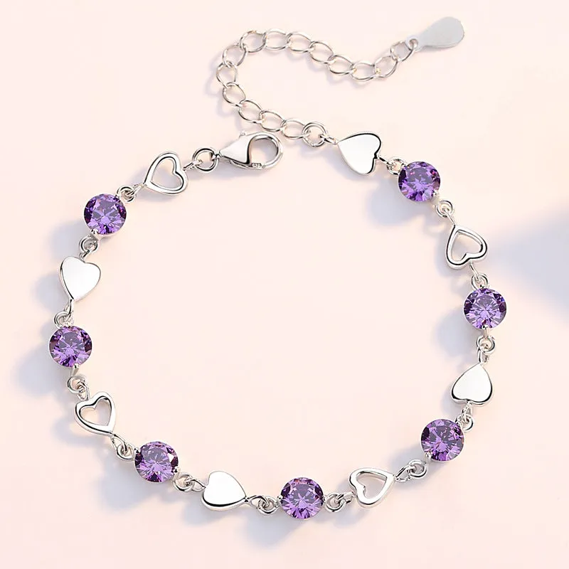 Smooth Heart with Round Zircon Silver Bracelet for Women