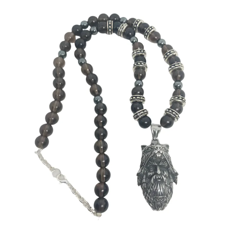 Stainless Steel Odin Necklace with Smoky Quartz Crystal and Hematite