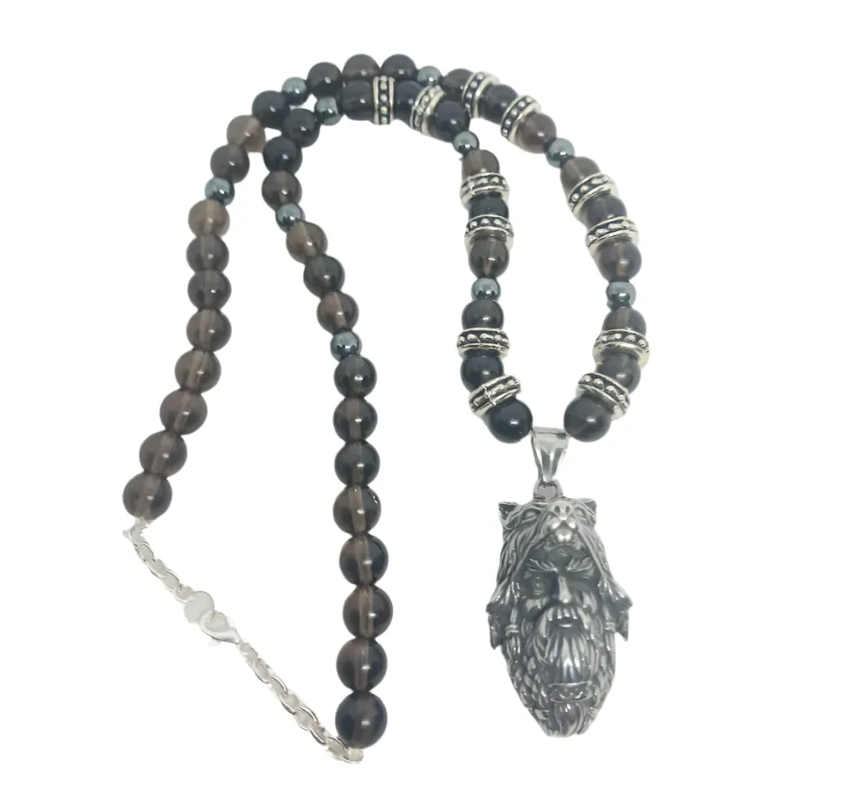 Stainless Steel Odin Necklace with Smoky Quartz Crystal and Hematite