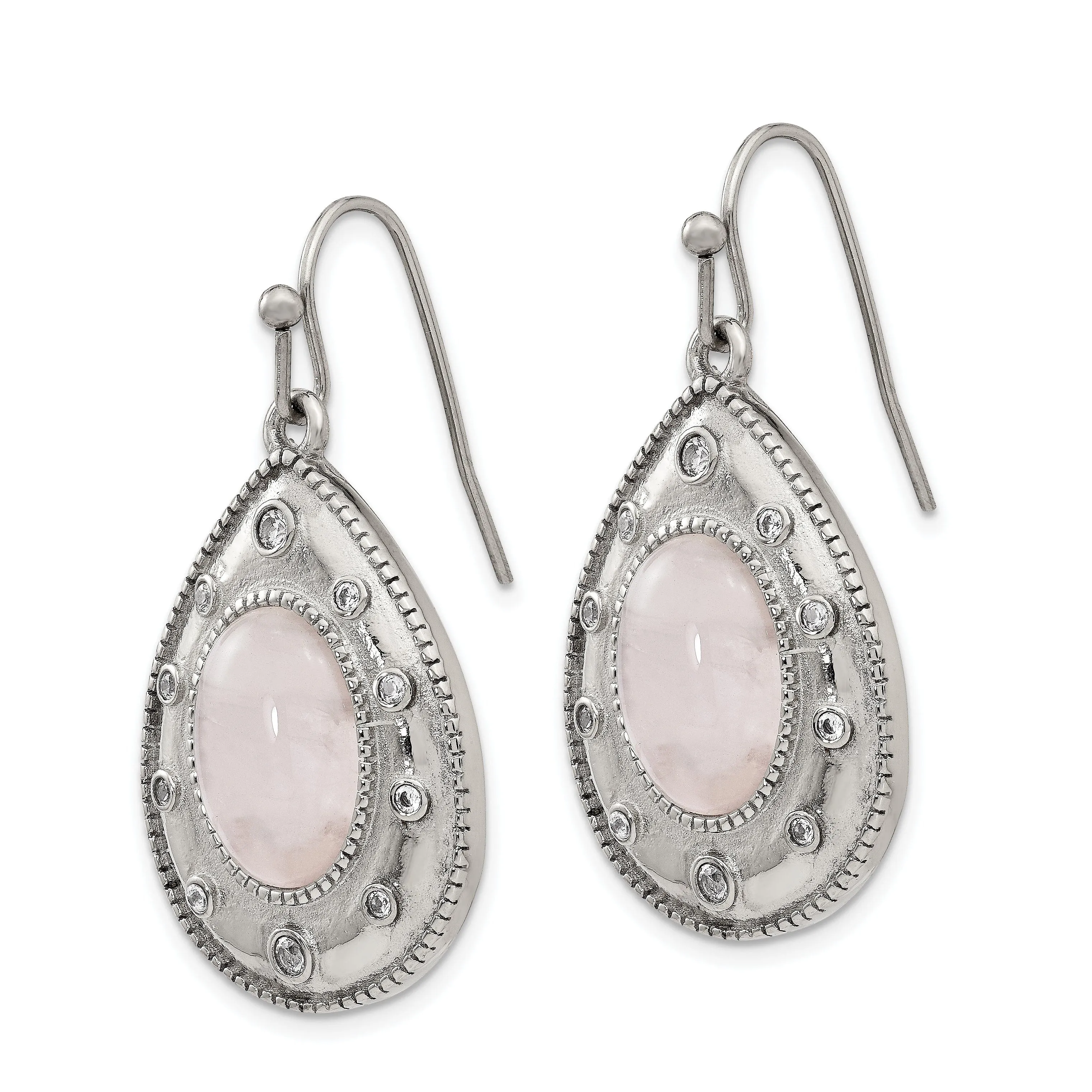 Stainless Steel Rose Quartz CZ Hook Earrings