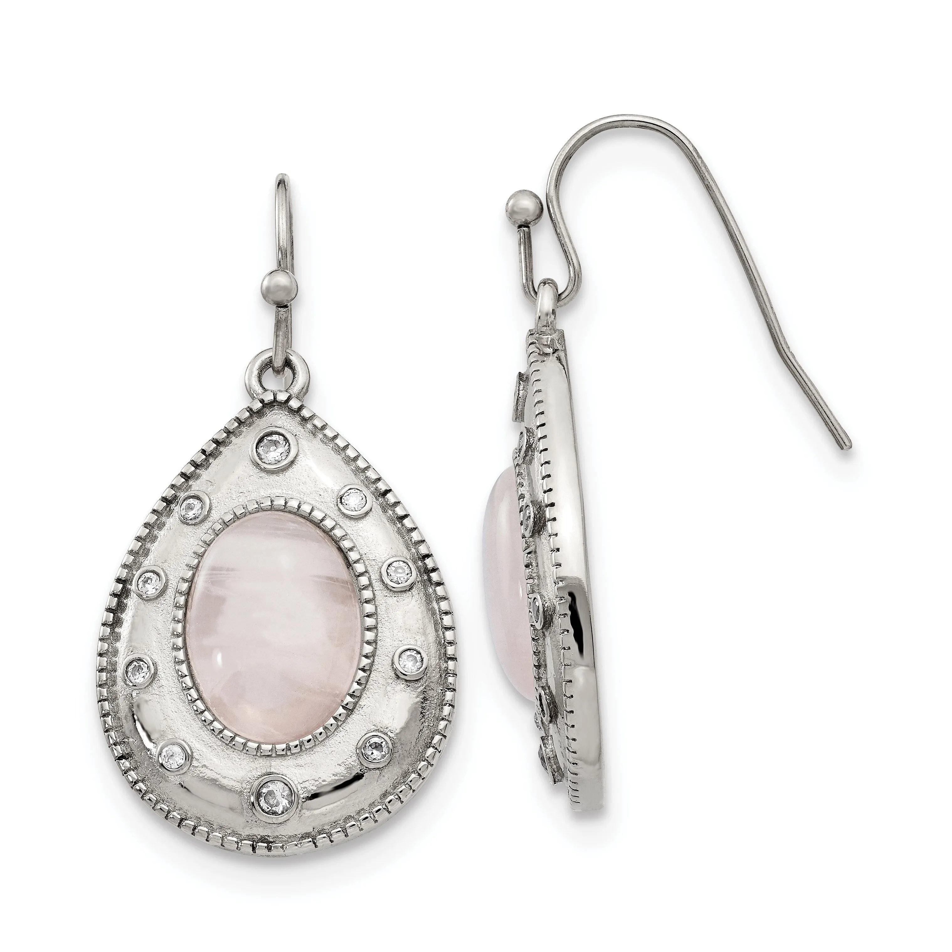 Stainless Steel Rose Quartz CZ Hook Earrings