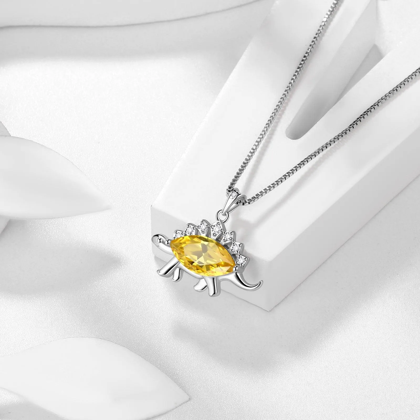 Stegosaurus Dinosaur Necklace November Citrine Birthstone Women Girls Jewelry Gift