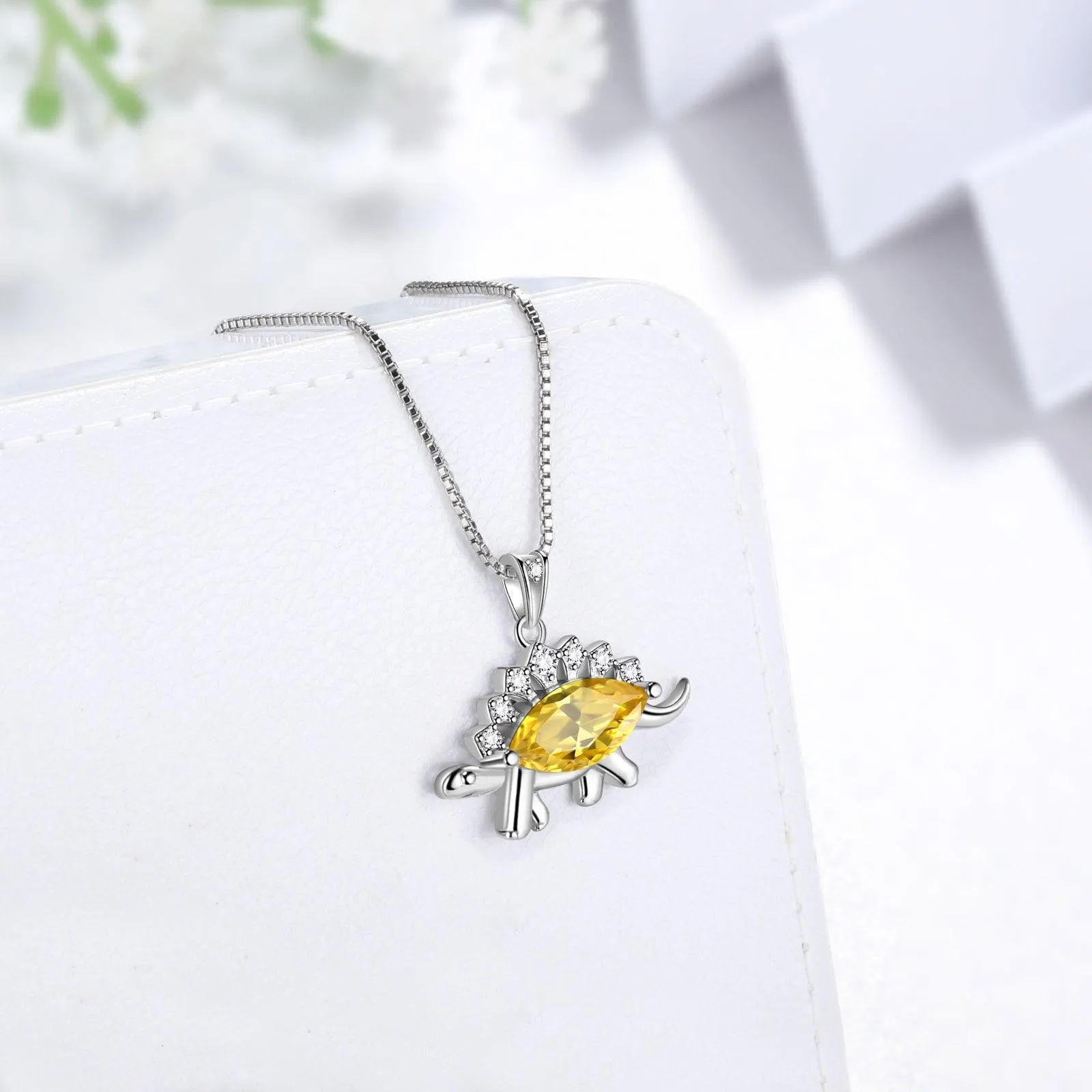 Stegosaurus Dinosaur Necklace November Citrine Birthstone Women Girls Jewelry Gift