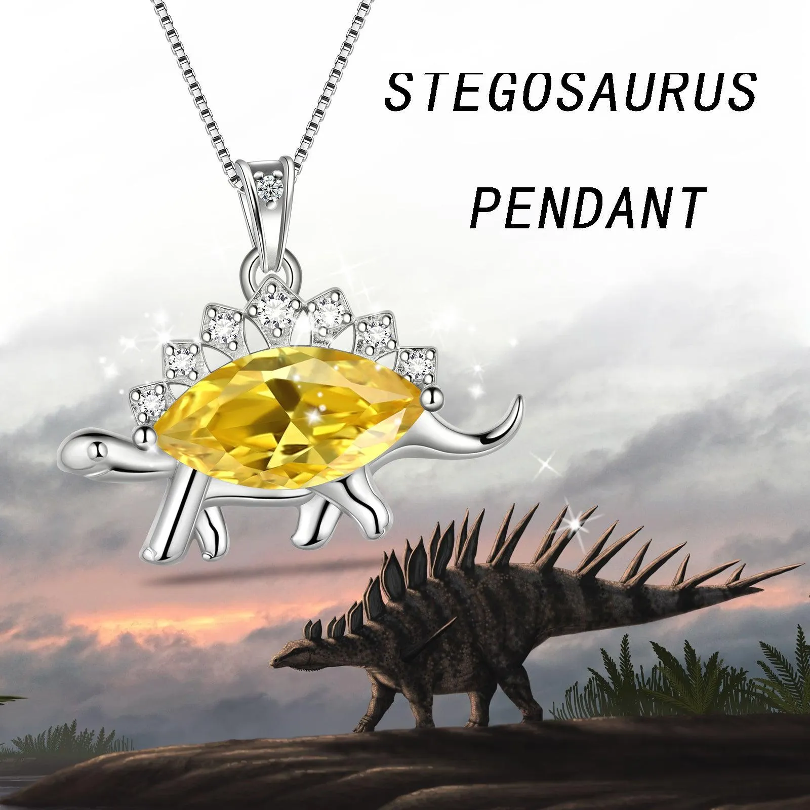 Stegosaurus Dinosaur Necklace November Citrine Birthstone Women Girls Jewelry Gift