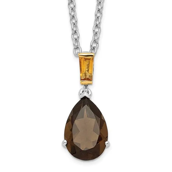 Sterling Silver And 14K Yellow Gold Smoky Quartz Pear And Citrine Necklace