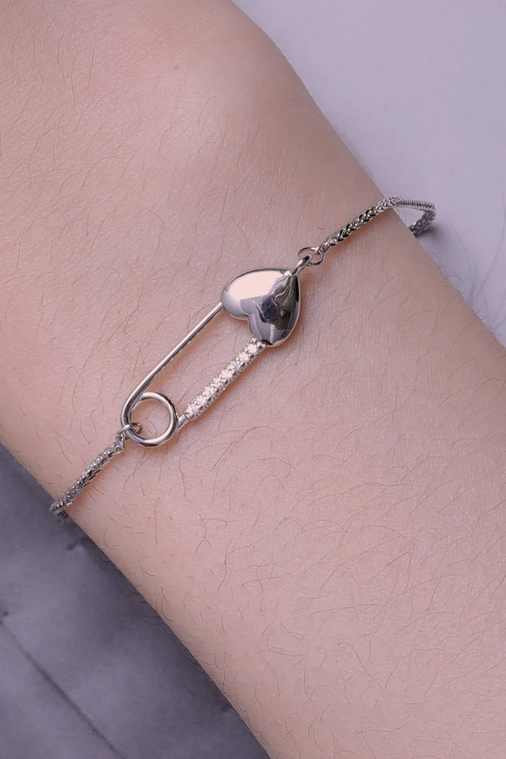 Sterling Silver Bracelet Chain with Heart Pin