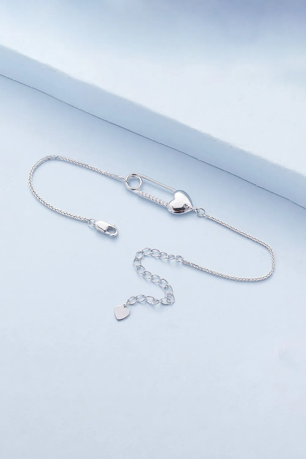 Sterling Silver Bracelet Chain with Heart Pin