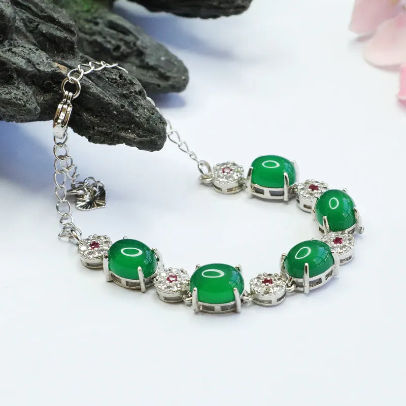 Sterling Silver Hand Chain Bracelet with Green Chalcedony