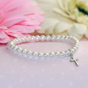 Stretchy 5" Glass Pearl Bracelet with Rhodium Cross