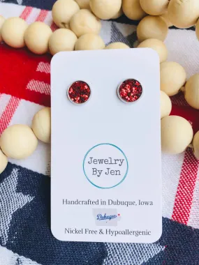 Stud Earrings: Red Glitter