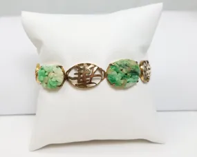 Stunning Vintage 7" 14k Yellow Gold Natural Carved Pierced Jade Bracelet