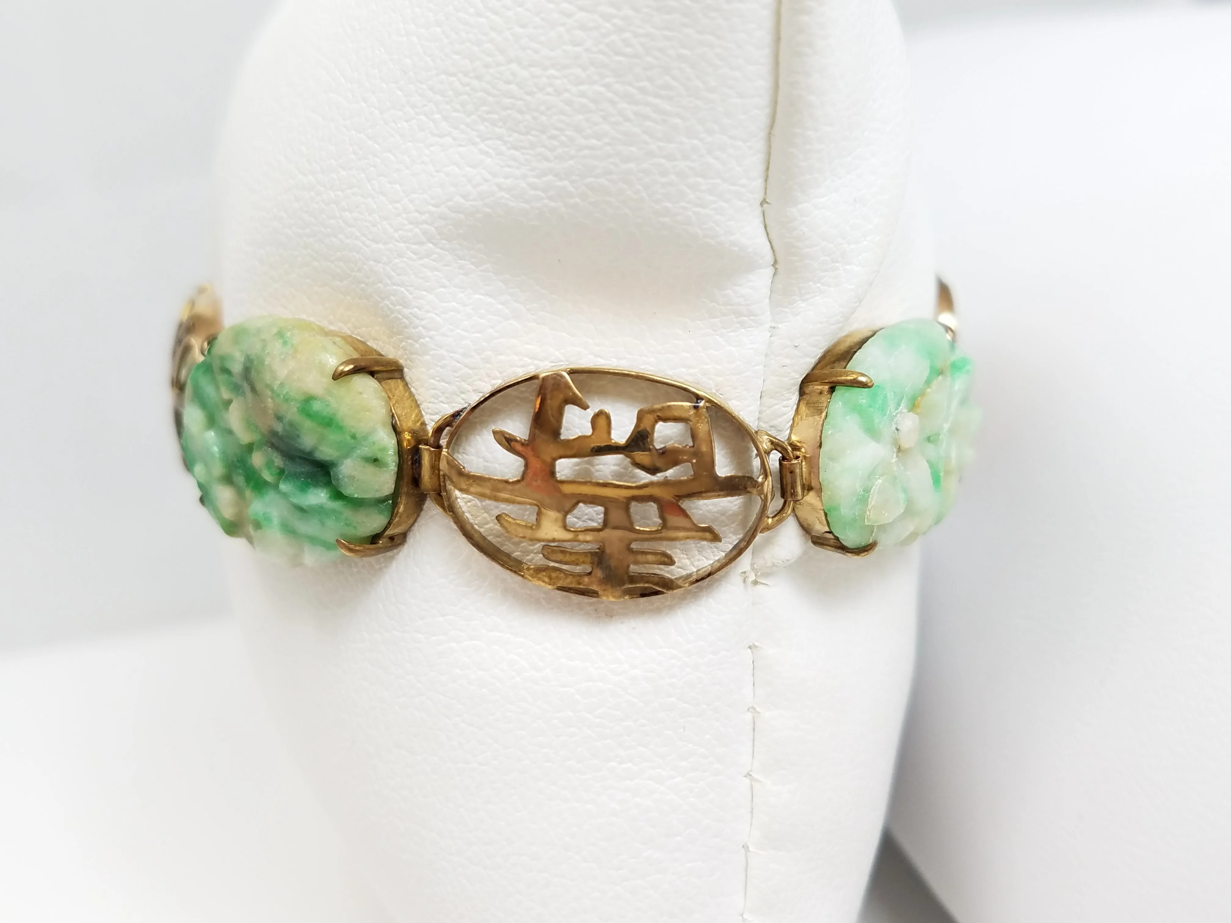 Stunning Vintage 7" 14k Yellow Gold Natural Carved Pierced Jade Bracelet