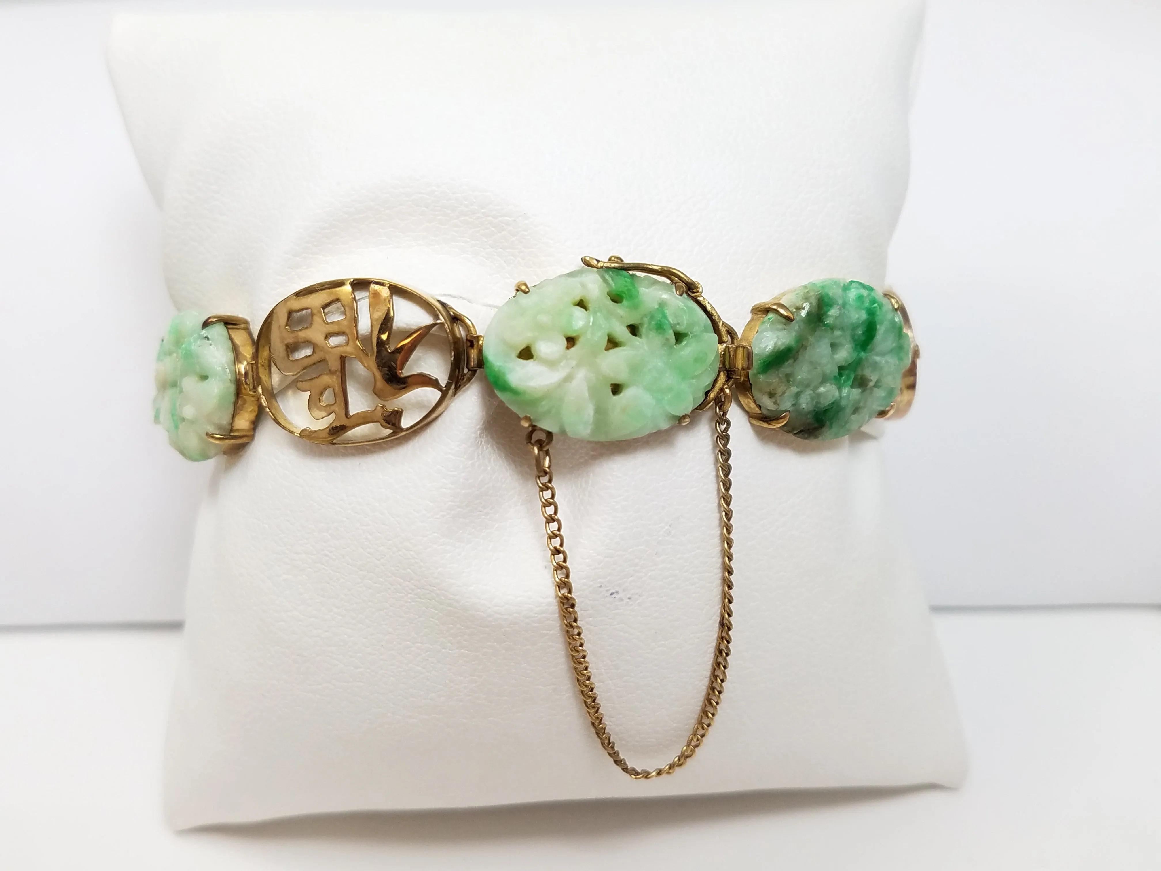 Stunning Vintage 7" 14k Yellow Gold Natural Carved Pierced Jade Bracelet