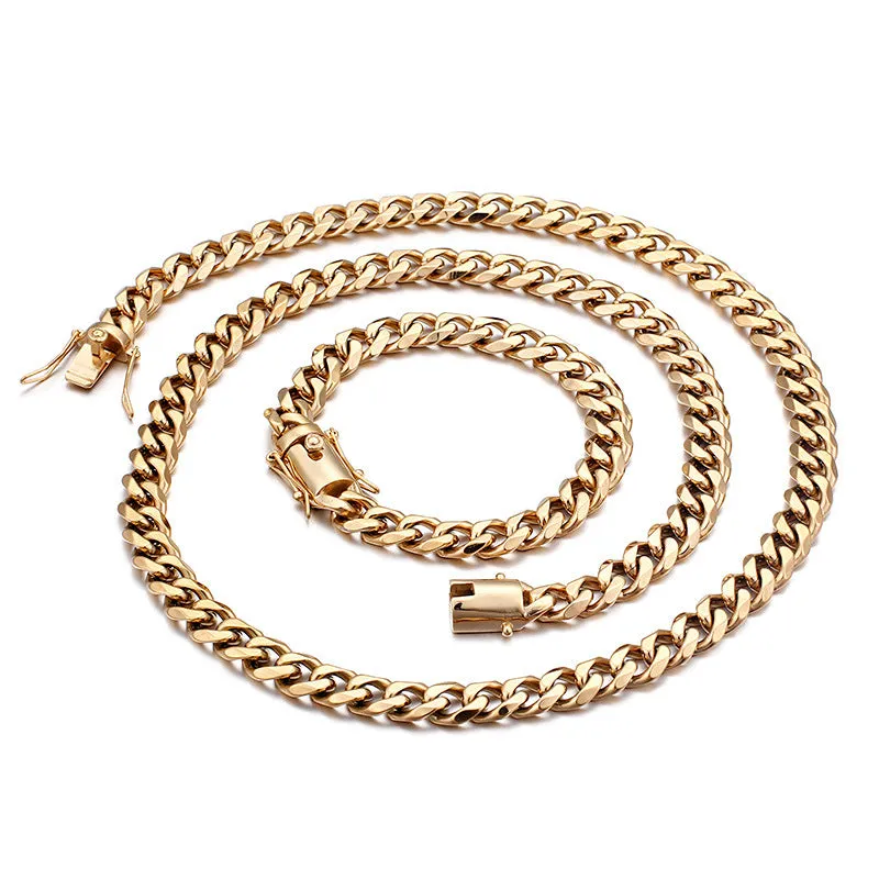 Stylish 18K Gold CZ Men's Cuban Chain Bracelet and Necklace - Hip Hop Inspired Jewelry