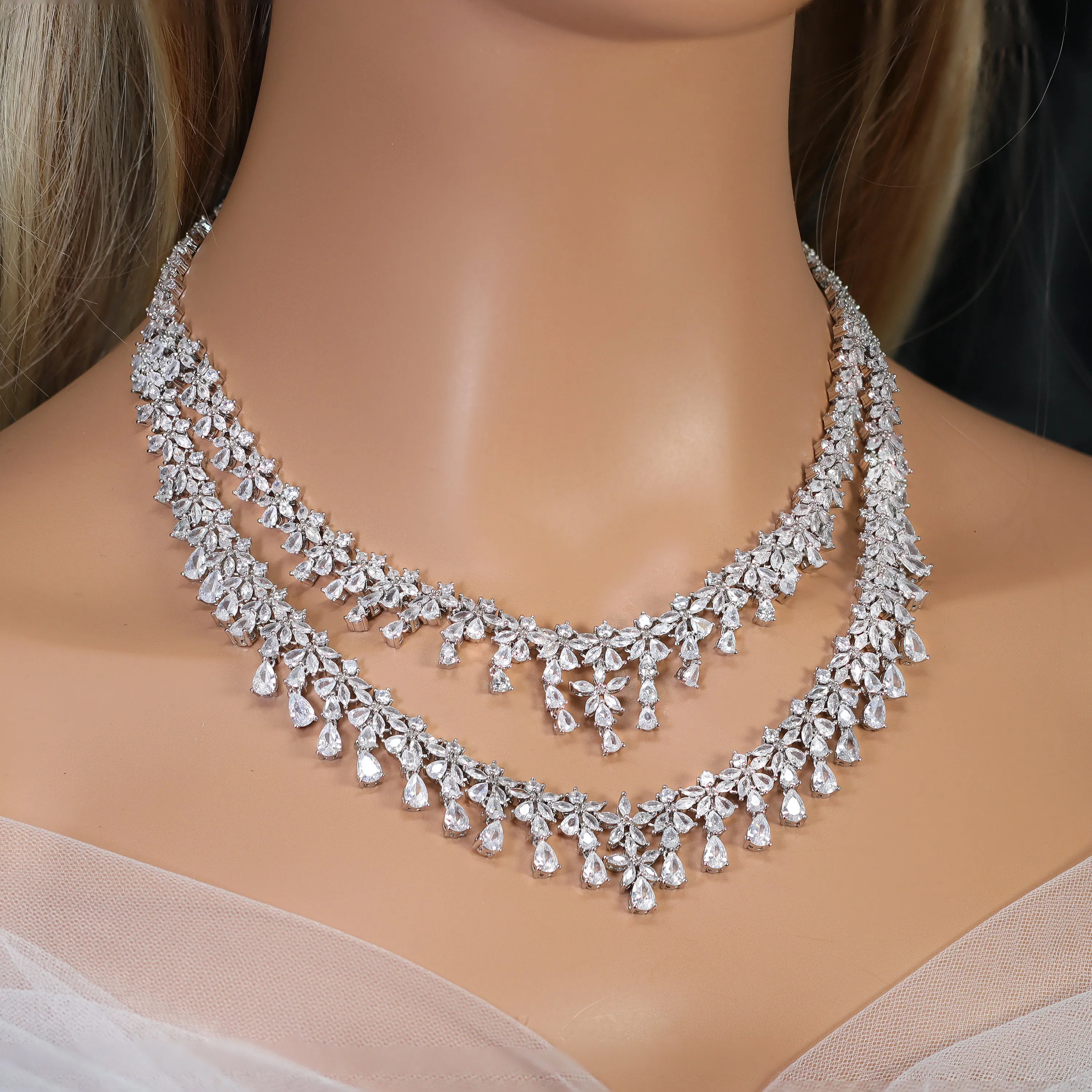 Swarovski Crystal Graceful Twin Strand Elegance Diamond/Crystal Necklace Set, Bridal Necklace Set, Bridal Jewelry, Statement Necklace