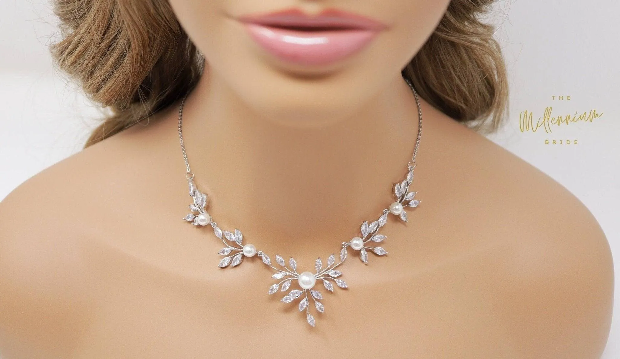 Swarovski Crystal Pearl Floral Vine Leaves , Long Bridal Jewelry, Bridal Earrings And Necklace, Statement Earrings Cz Necklace Set.