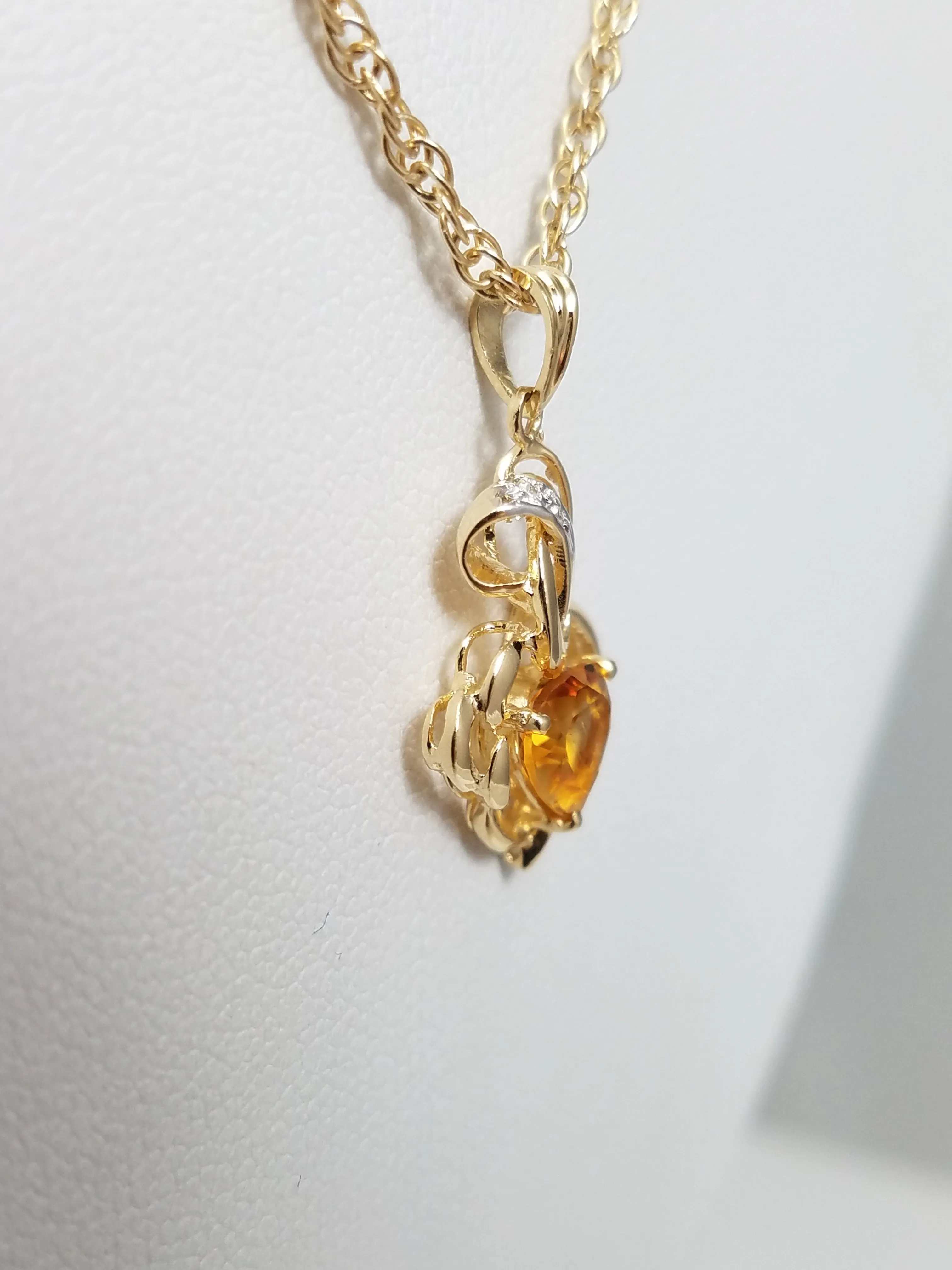 Sweet 18" 14k Yellow Gold Natural Heart Citrine Diamond Pendant Necklace