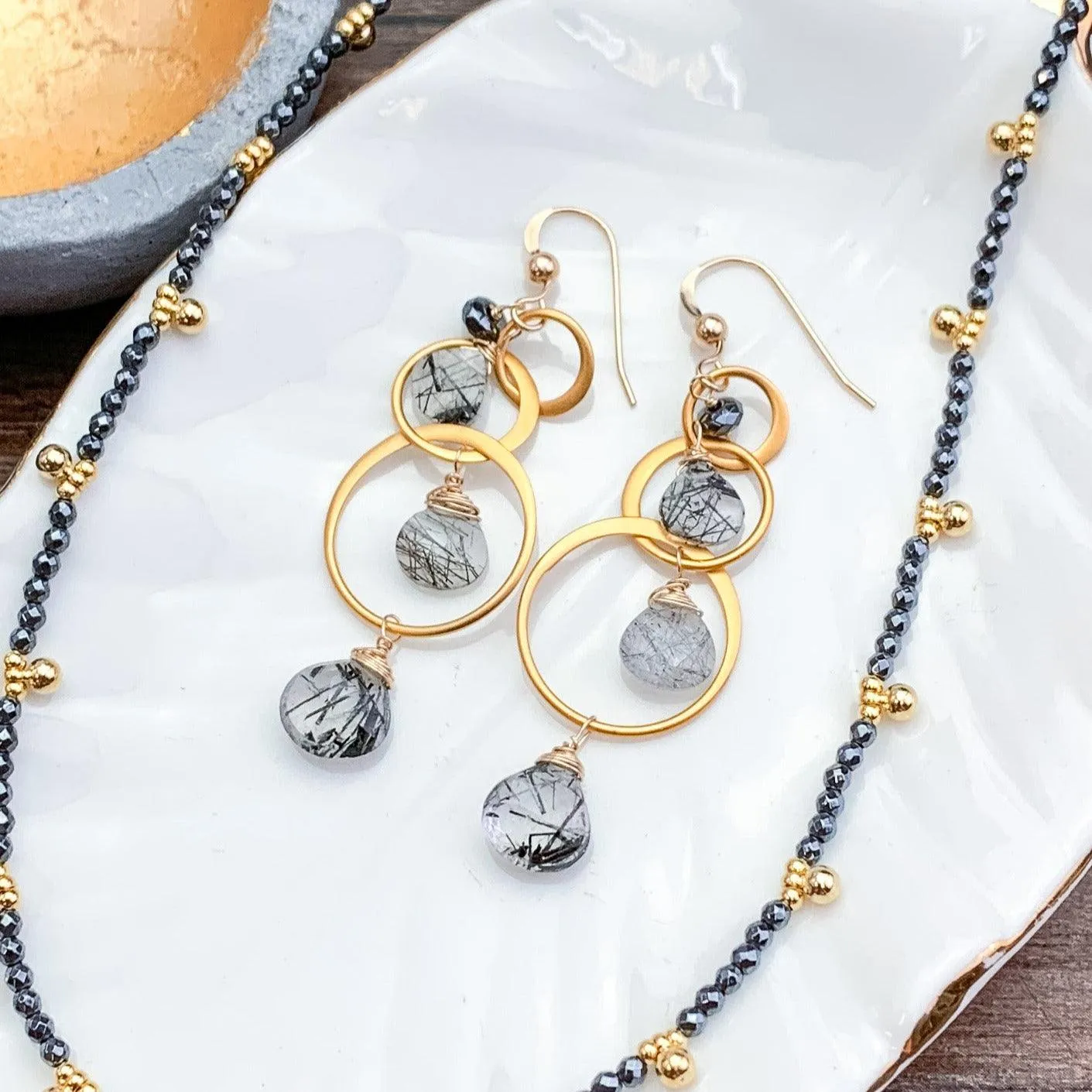 Tourmalated Quartz Satin Gold Vermeil Linked Circle Earrings