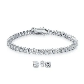 Traditional Bridal Jewelry Set 15CTW CZ Tennis Bracelet & Earrings Silver Rhodium