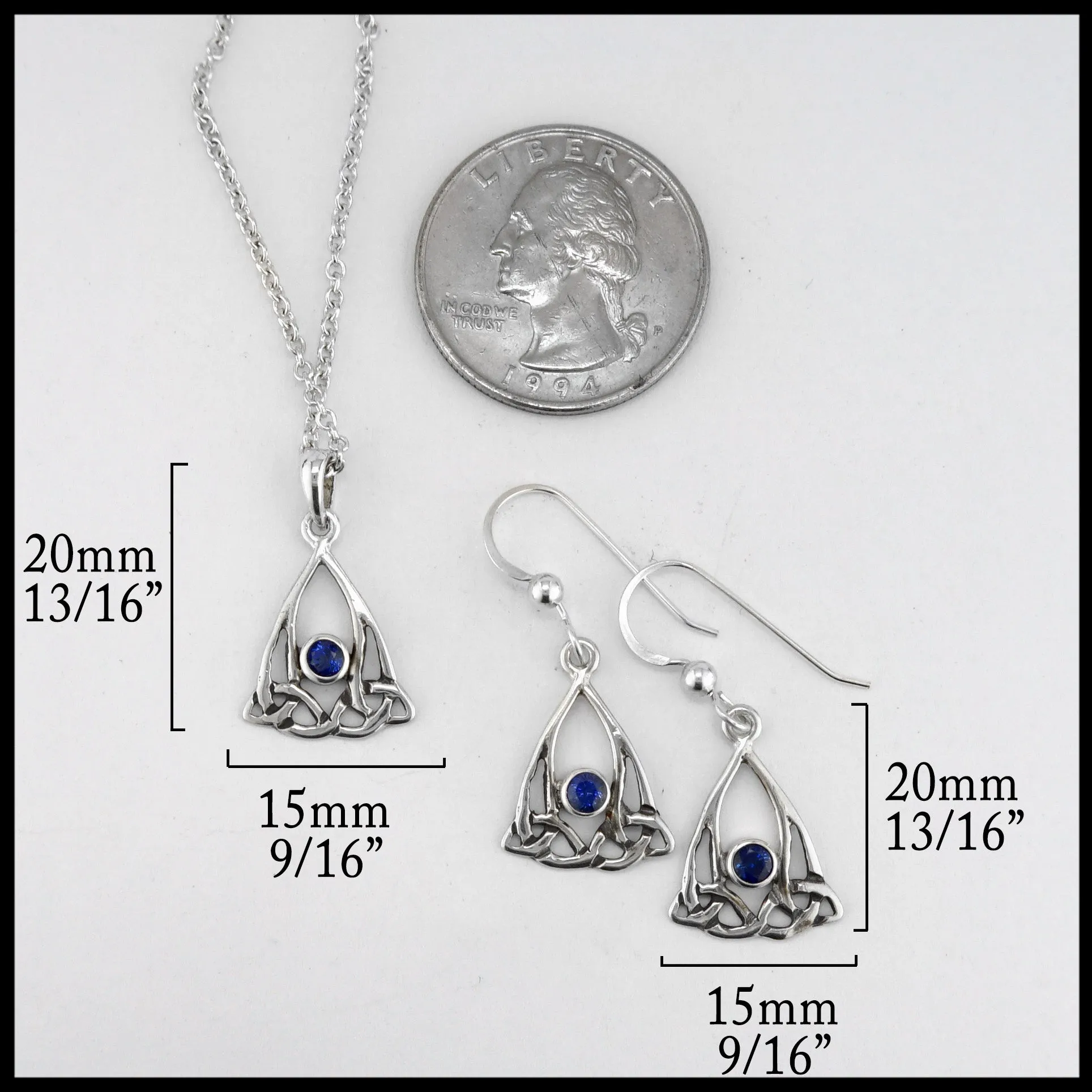 Trinity Knot Drop Pendant and Earring Set with Sapphire