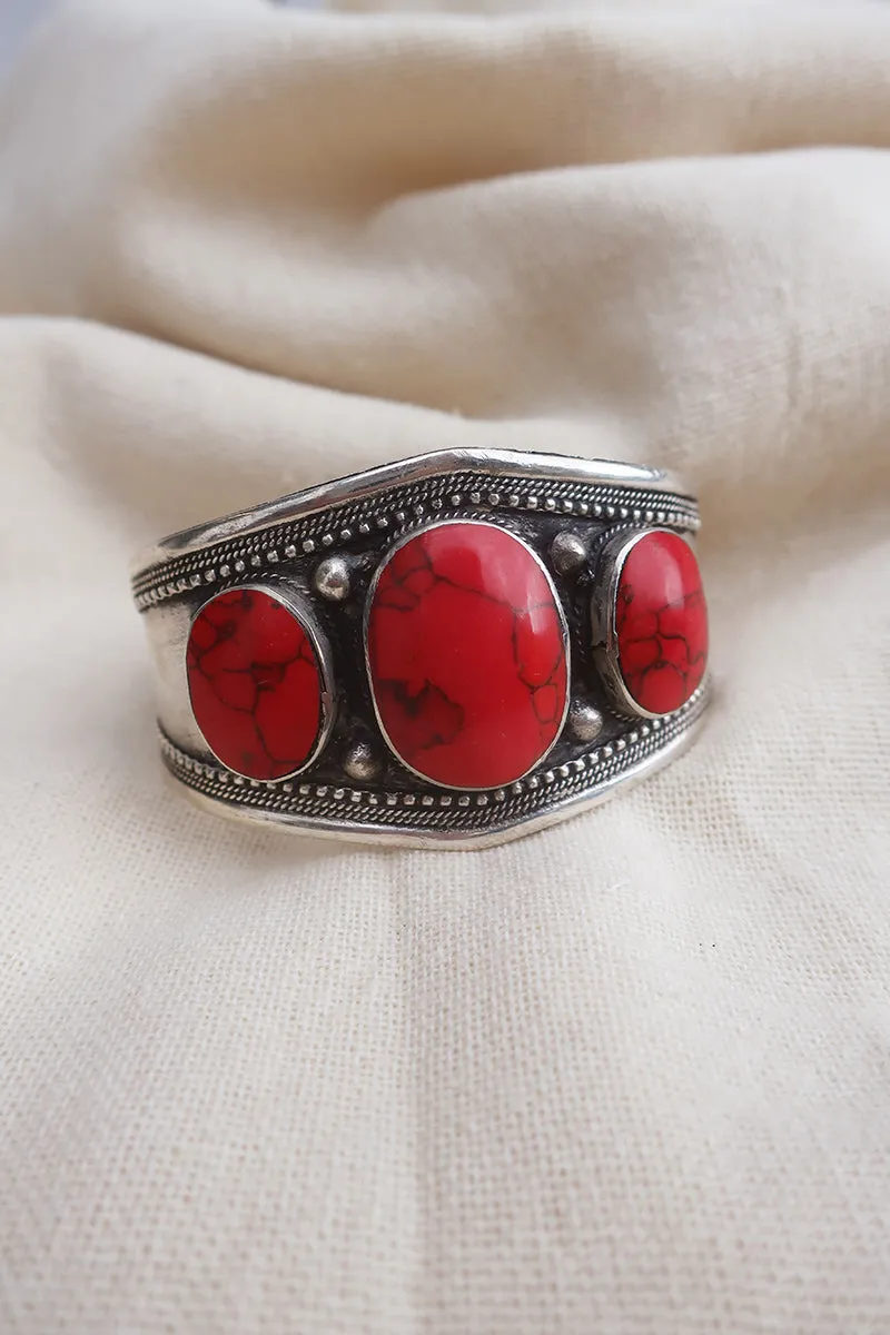 Turkish Triple Stone Silver Plated Brass Bangle with Reconstituted Coral