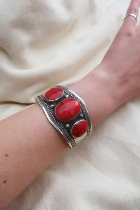 Turkish Triple Stone Silver Plated Brass Bangle with Reconstituted Coral