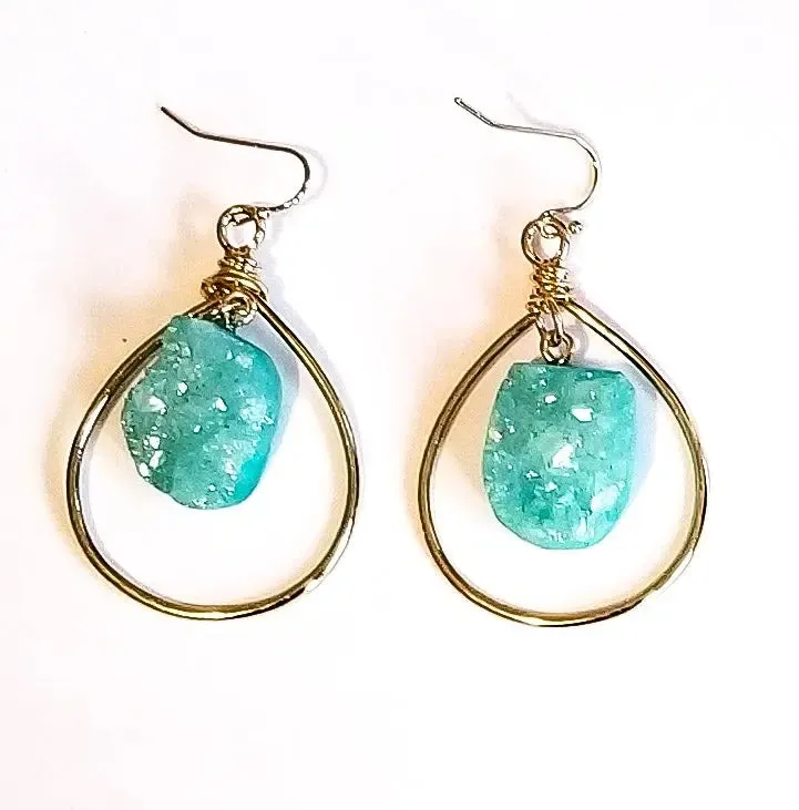 Turquoise Druzy Quartz Gold Hoop Earrings