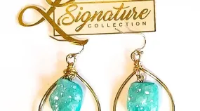 Turquoise Druzy Quartz Gold Hoop Earrings