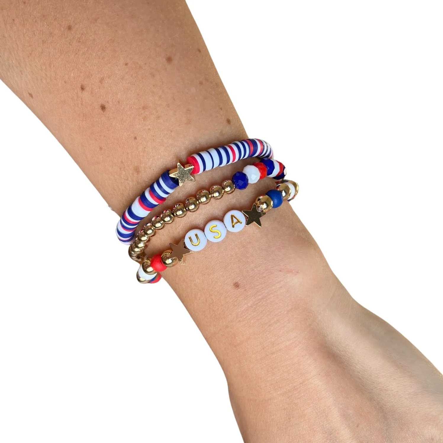 USA Red, White, & Blue Fimo beaded Bracelet 3 Pack