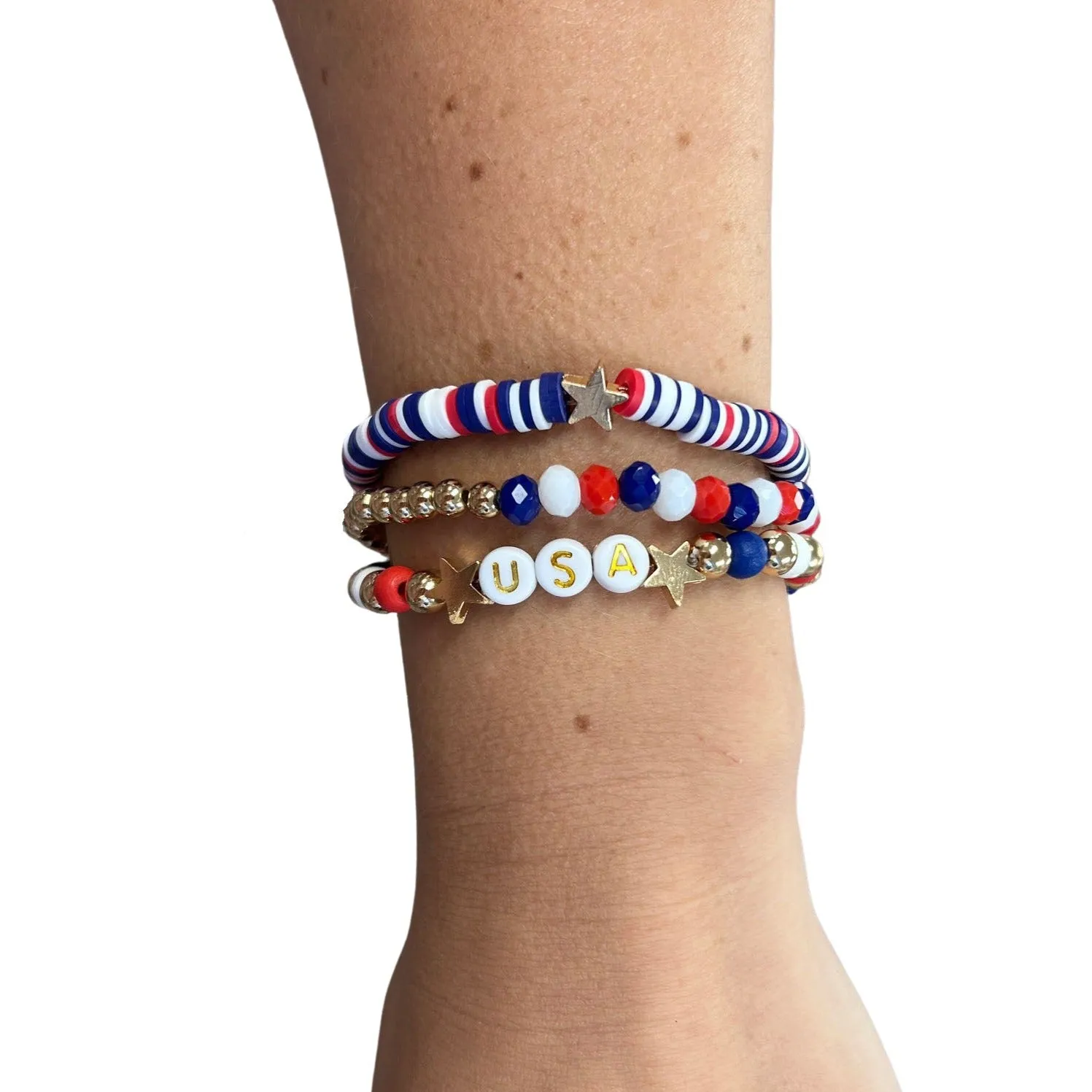 USA Red, White, & Blue Fimo beaded Bracelet 3 Pack