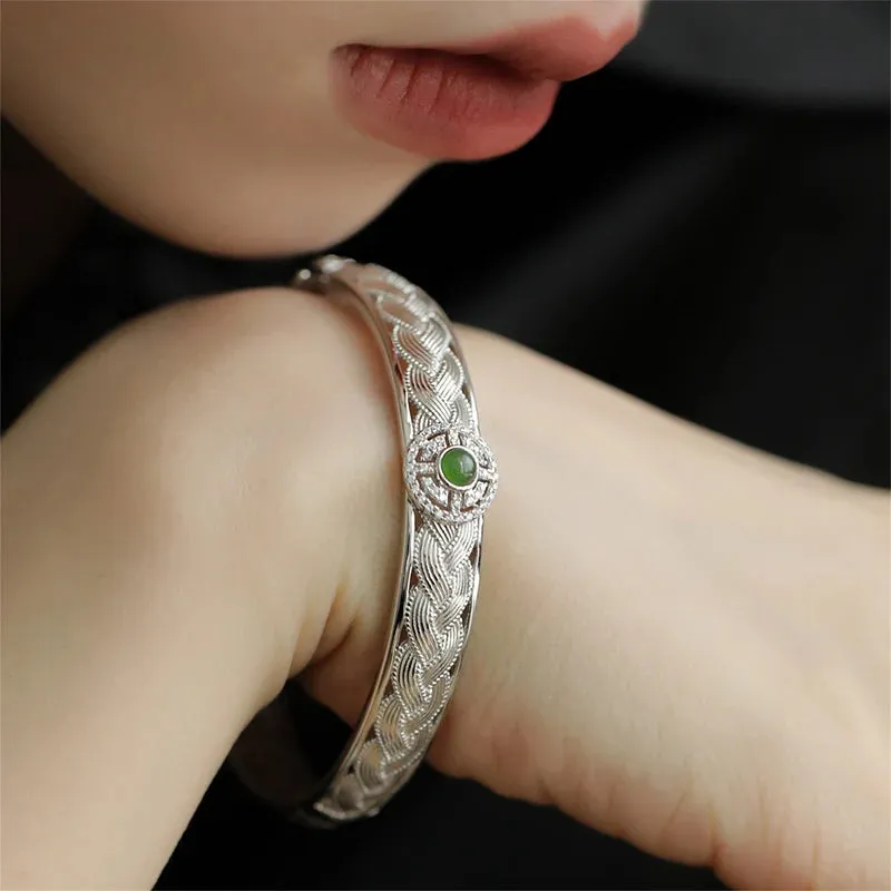 VAIGE Vintage Emerald Green Zircon Silver Braided Lace Bracelet