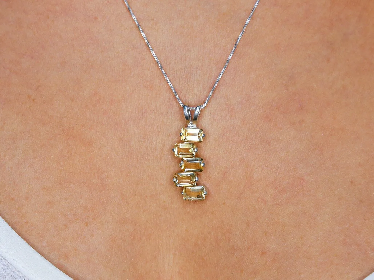 Vertical Citrine Pendant - Yellow Baguette Necklace - November Birthstone Necklace