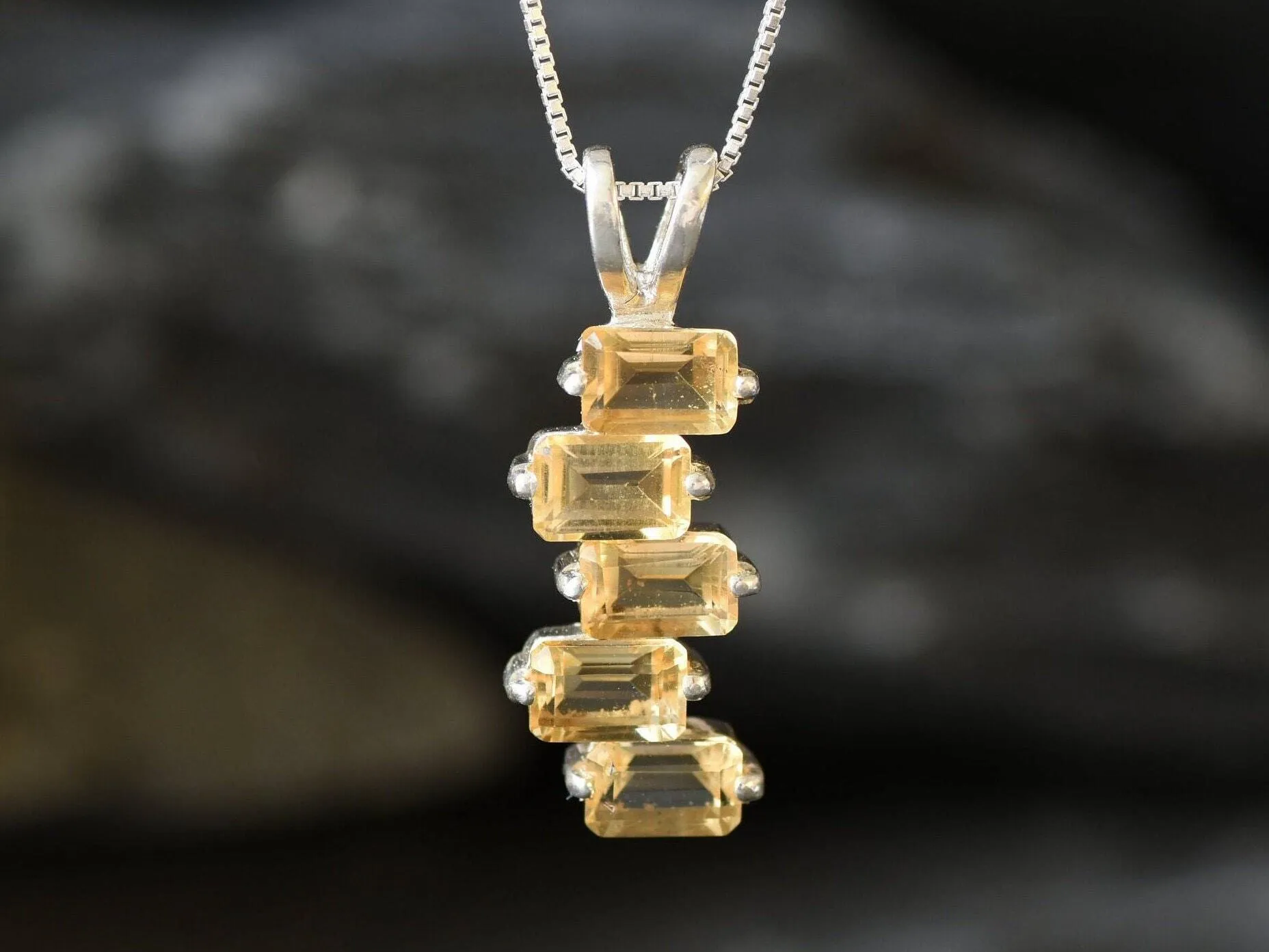 Vertical Citrine Pendant - Yellow Baguette Necklace - November Birthstone Necklace