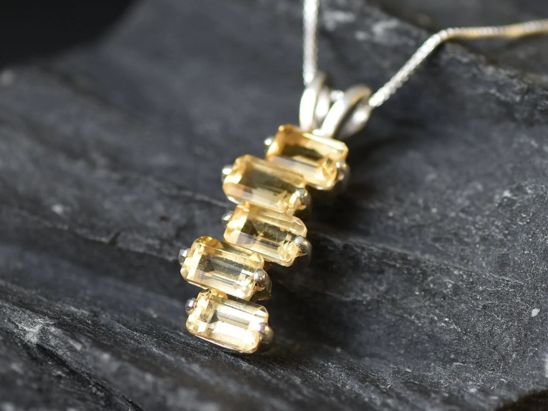 Vertical Citrine Pendant - Yellow Baguette Necklace - November Birthstone Necklace