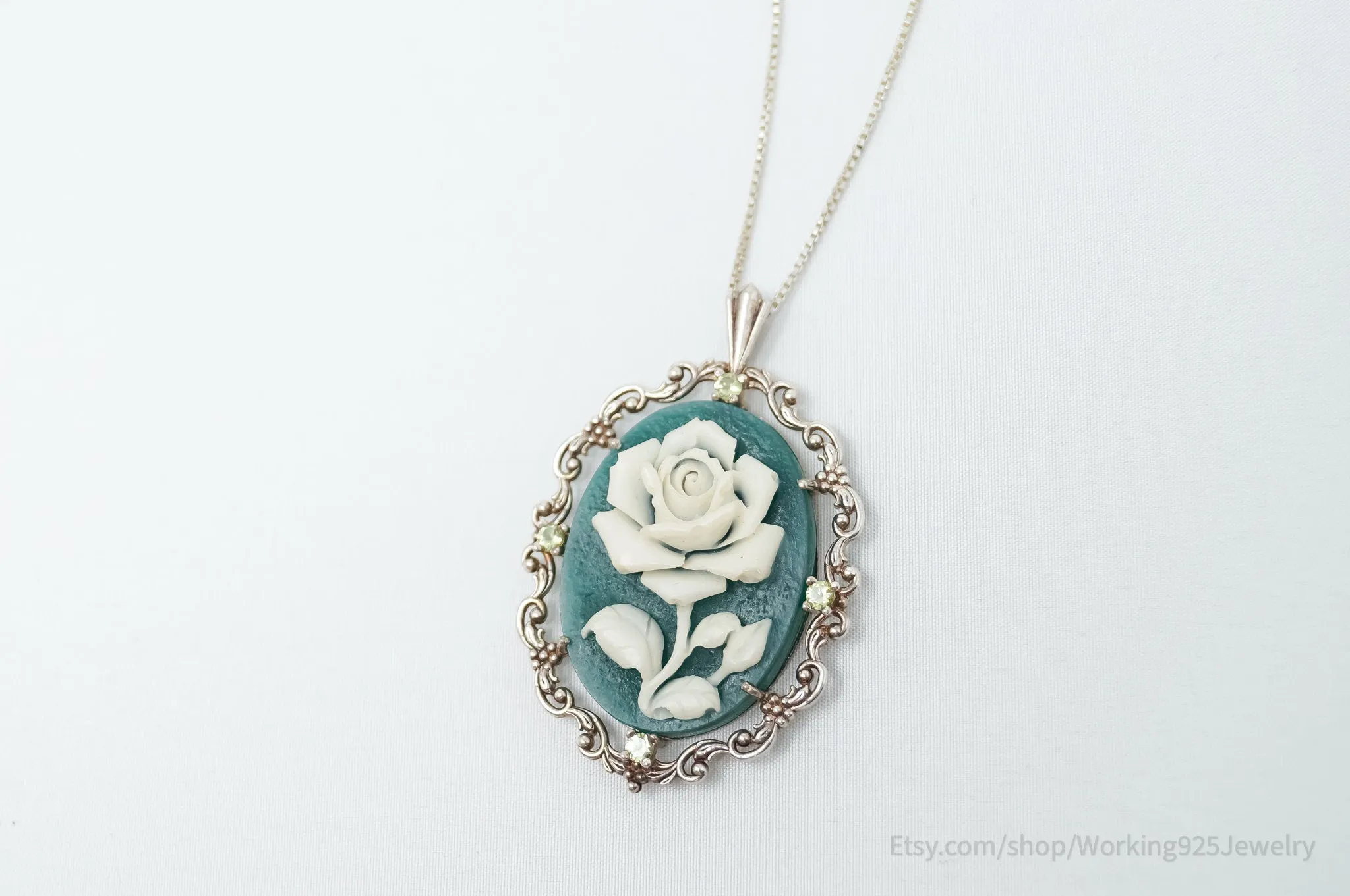 Vintage Carved Flower Dyed Fossil Sterling Silver Necklace