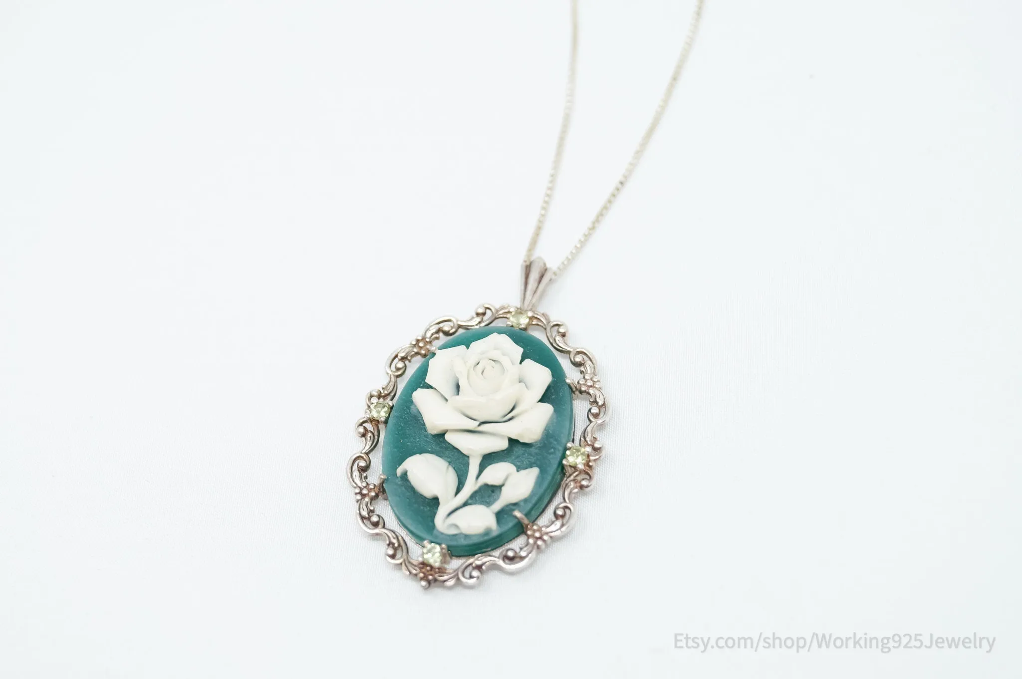 Vintage Carved Flower Dyed Fossil Sterling Silver Necklace