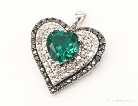 Vintage Green Topaz 2 White & 2 Black Diamond Heart Sterling Silver Pendant