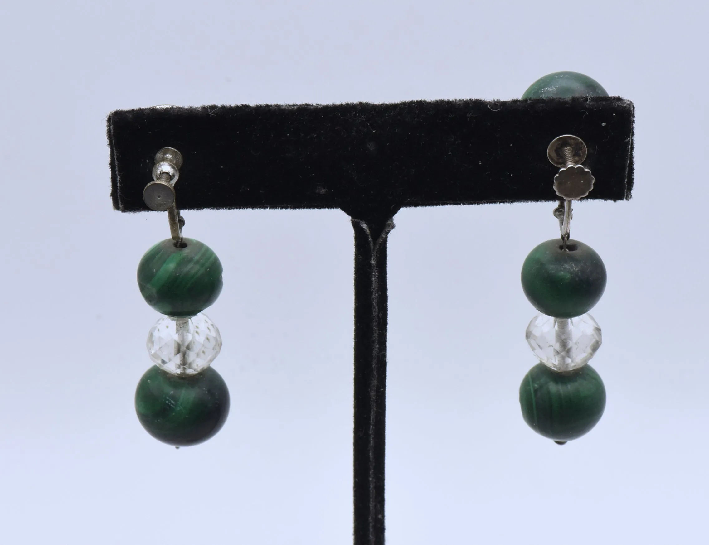 Vintage Handmade Malachite and Quartz Bead Screw Back Earrings - MISSING STONE