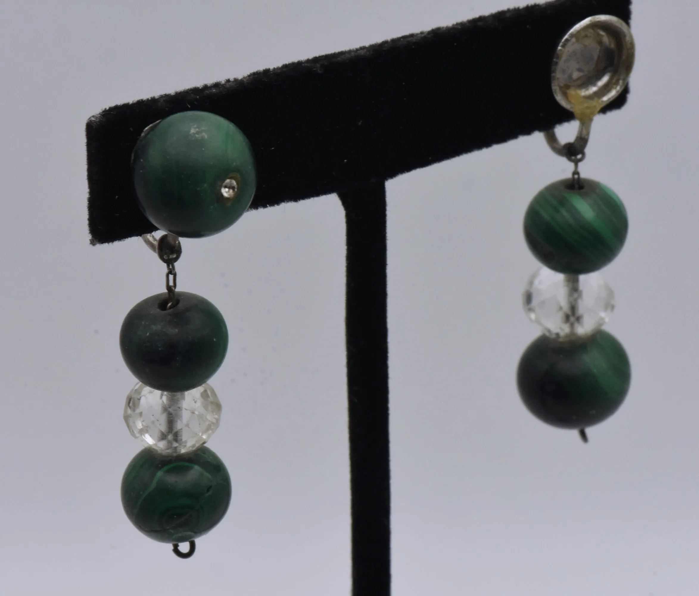 Vintage Handmade Malachite and Quartz Bead Screw Back Earrings - MISSING STONE