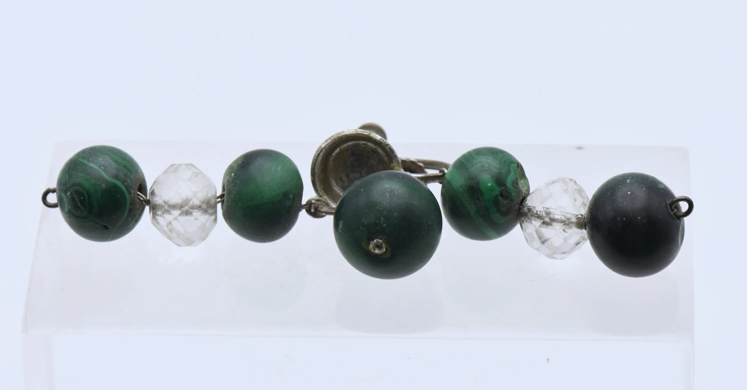 Vintage Handmade Malachite and Quartz Bead Screw Back Earrings - MISSING STONE