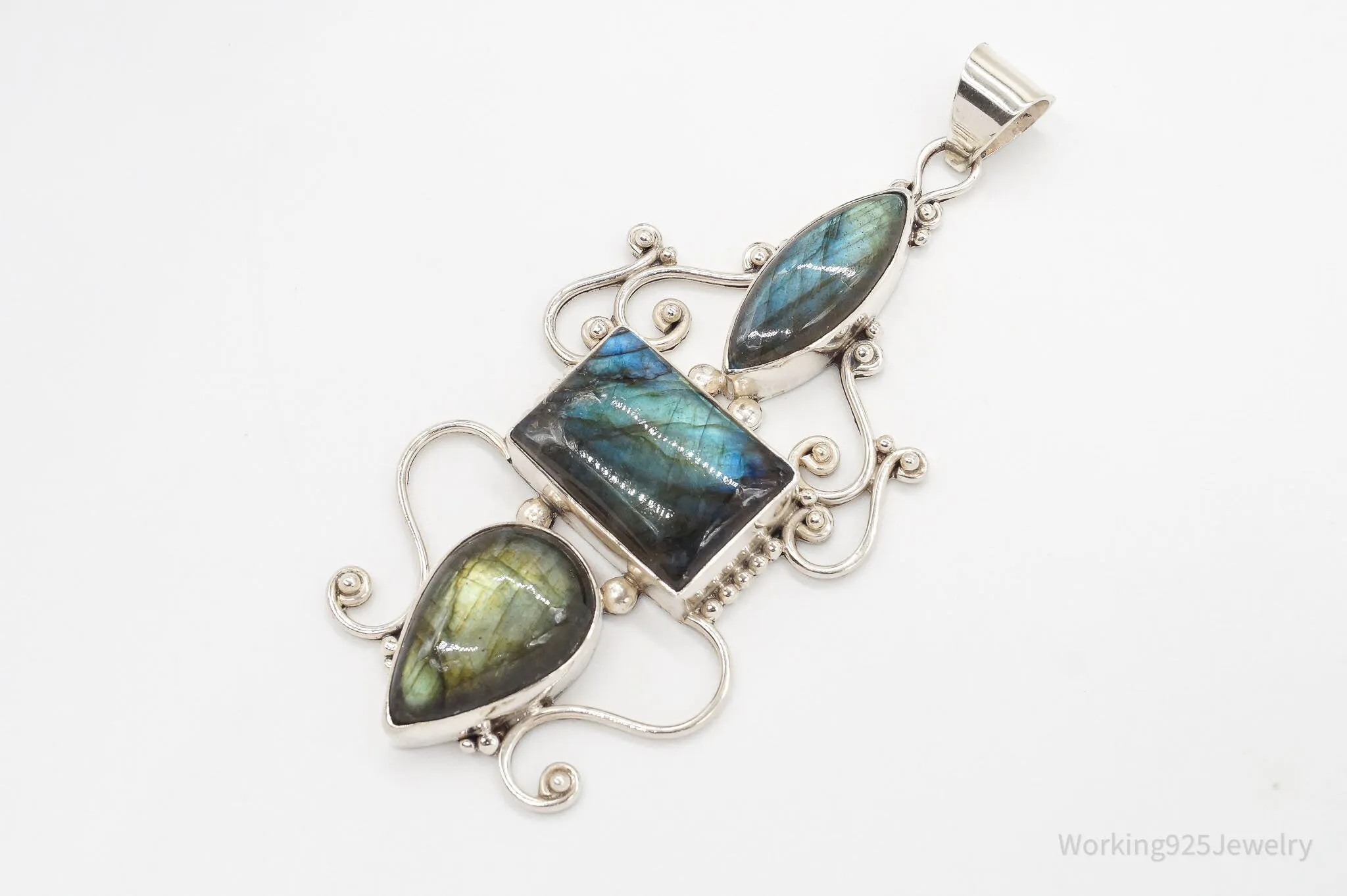 Vintage Large Labradorite Sterling Silver Necklace Pendant