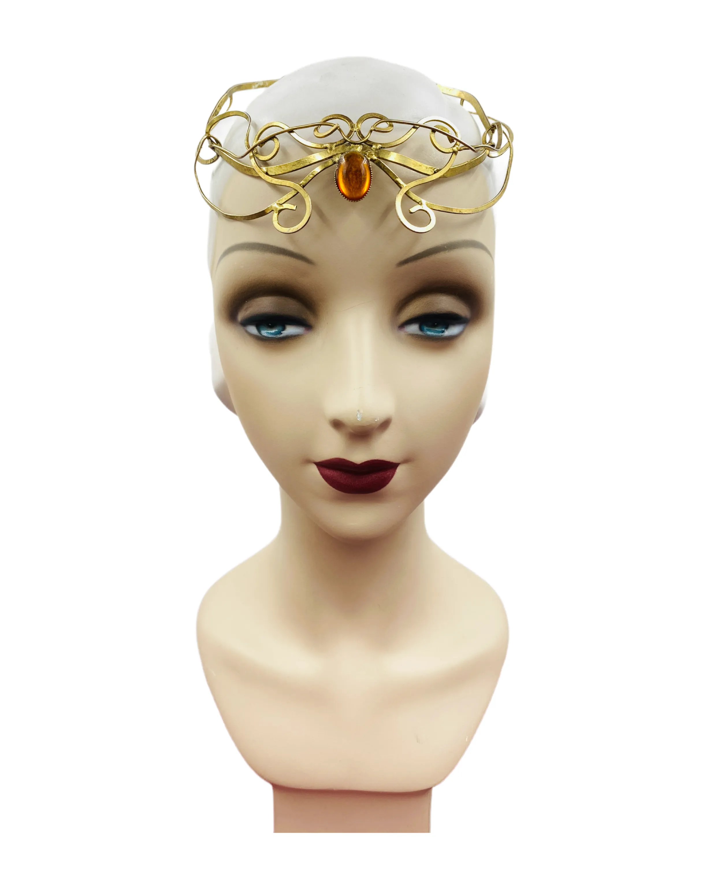 Vintage Mid-Century Goldtone Elven Tiara with Amber Lucite Stone