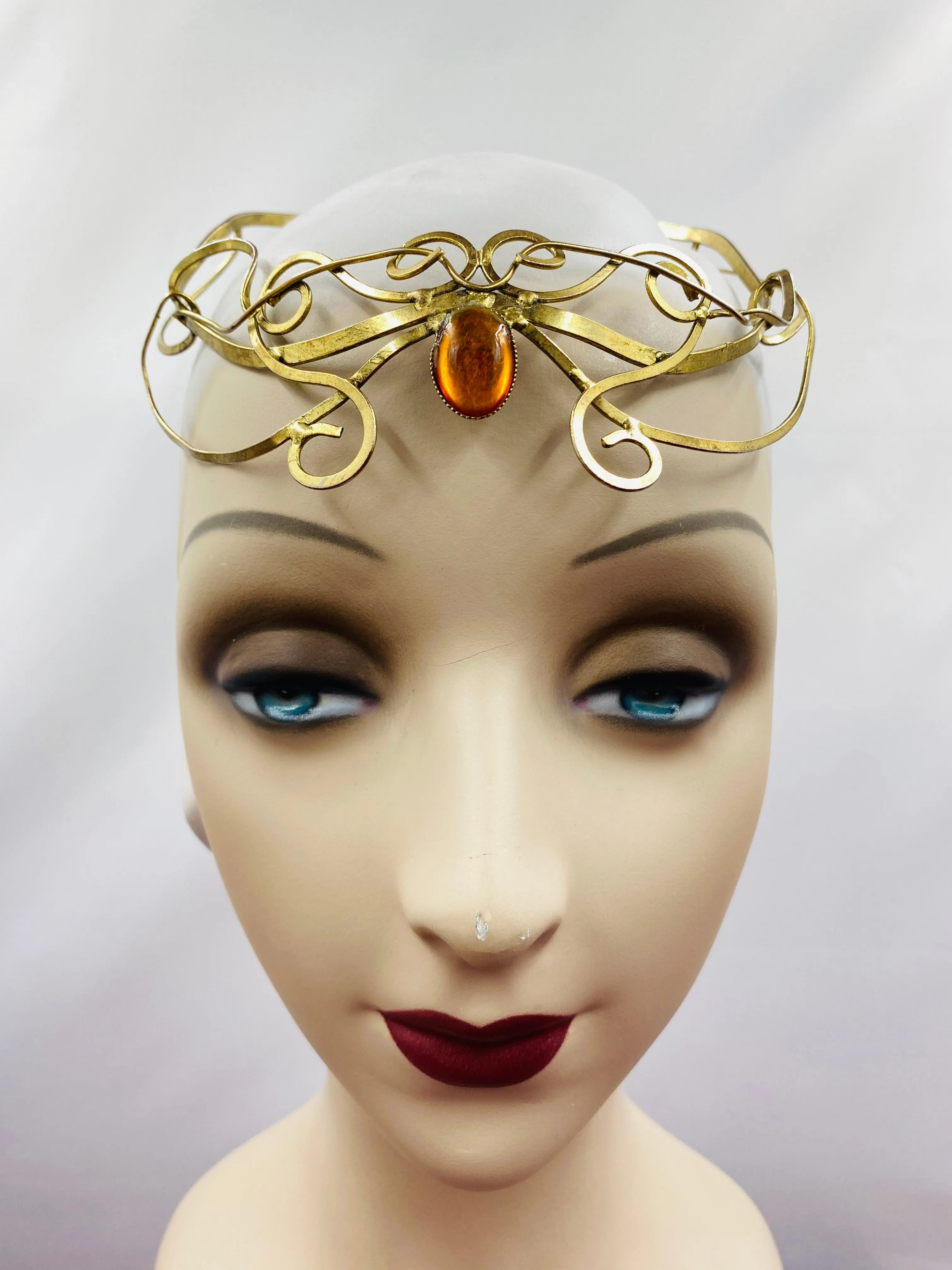 Vintage Mid-Century Goldtone Elven Tiara with Amber Lucite Stone