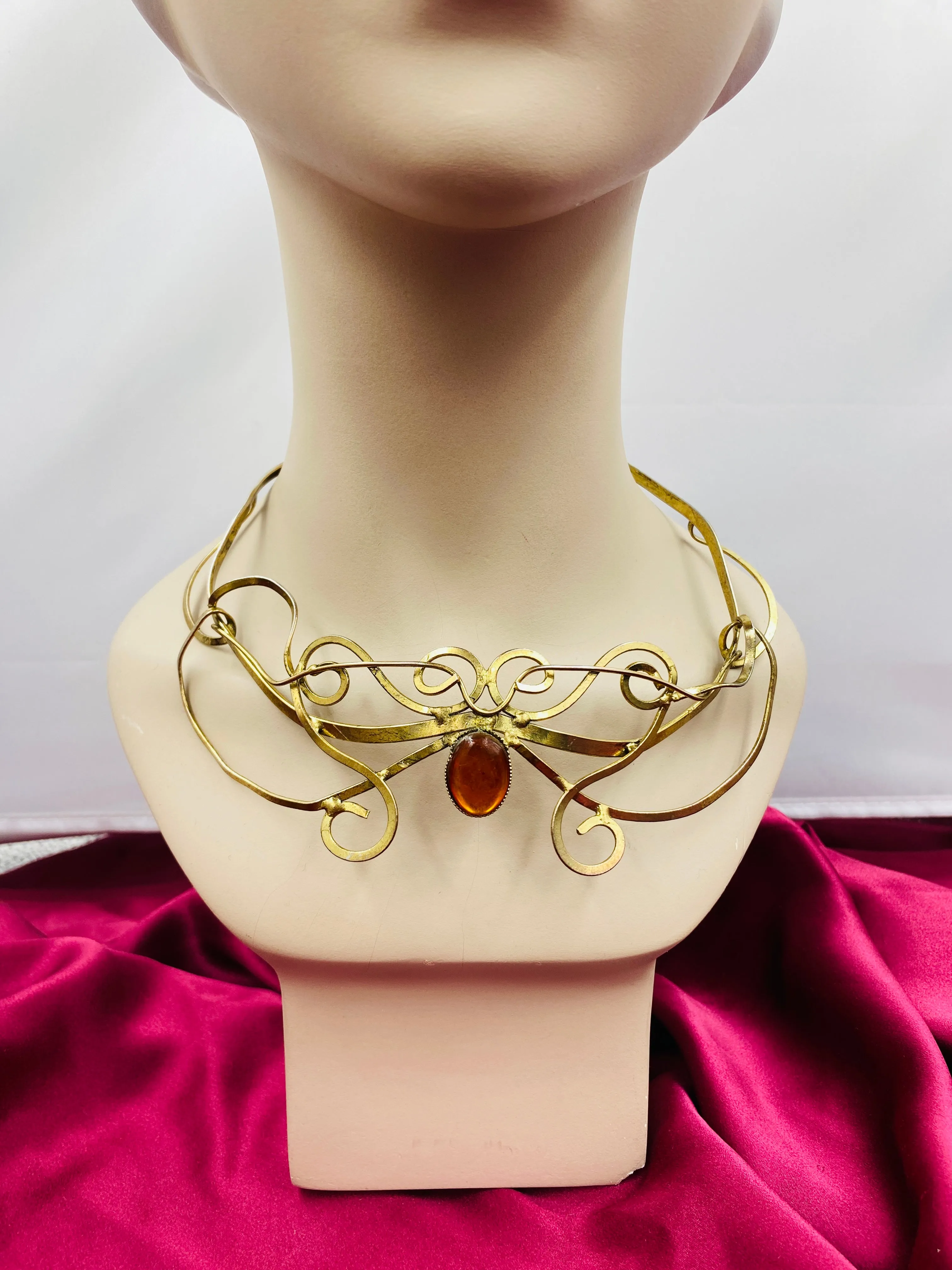 Vintage Mid-Century Goldtone Elven Tiara with Amber Lucite Stone