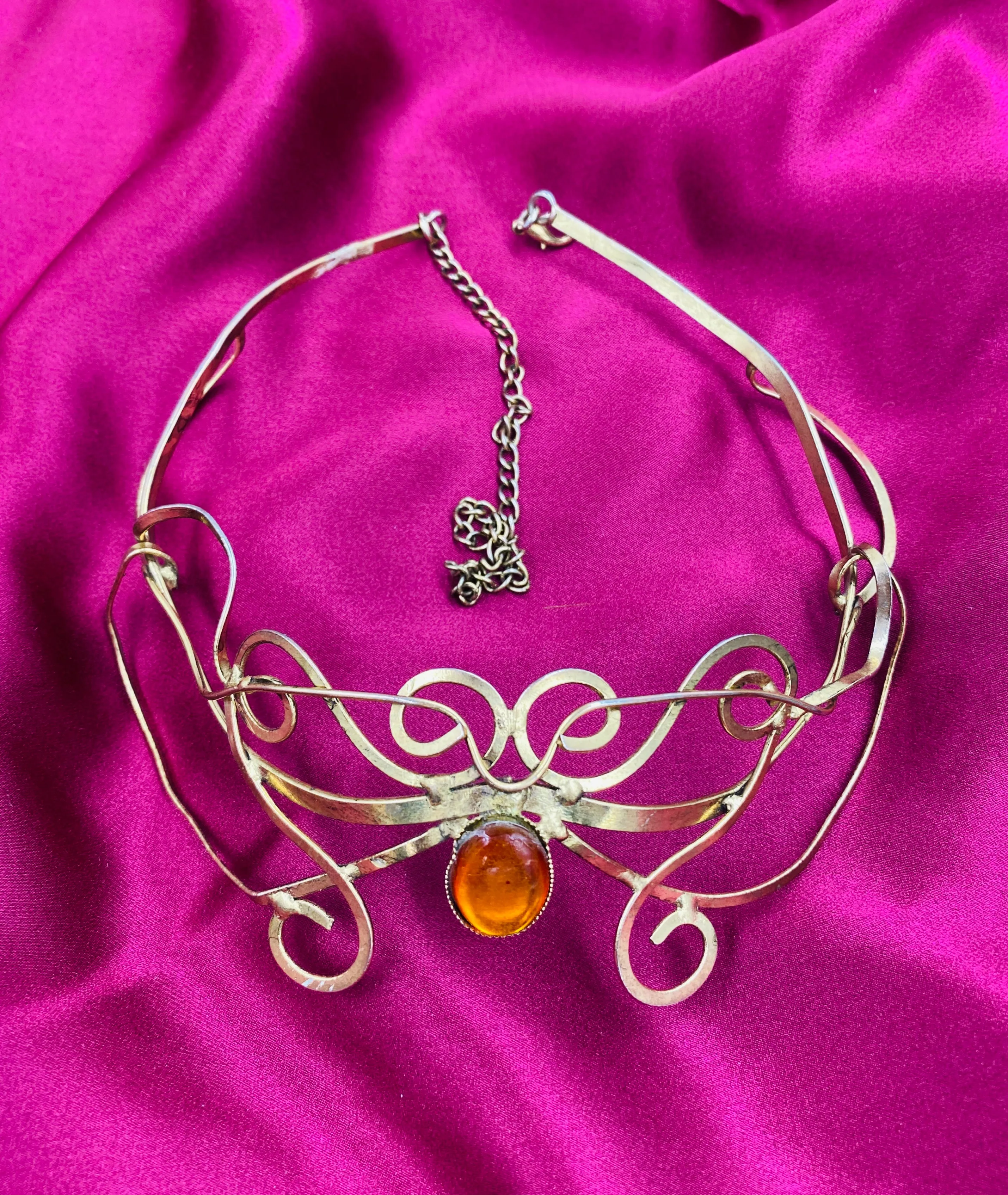 Vintage Mid-Century Goldtone Elven Tiara with Amber Lucite Stone