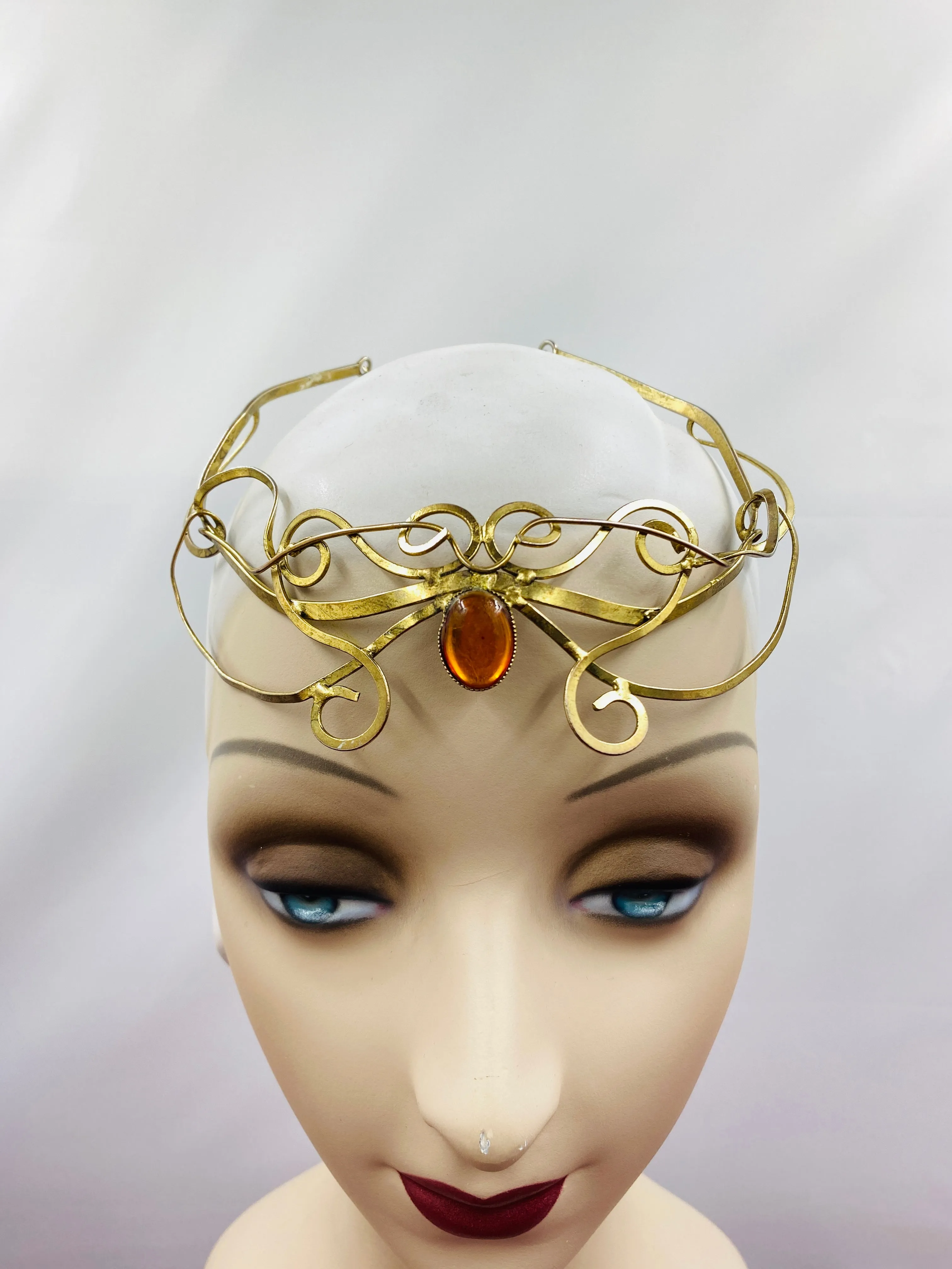 Vintage Mid-Century Goldtone Elven Tiara with Amber Lucite Stone