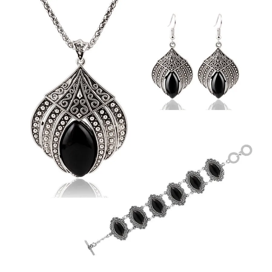 Vintage Silver Plated Geometric Jewelry Sets Water Drop Turquoise Earrings Necklace Bracelet Fashion For Women Accessories