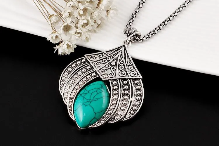 Vintage Silver Plated Geometric Jewelry Sets Water Drop Turquoise Earrings Necklace Bracelet Fashion For Women Accessories